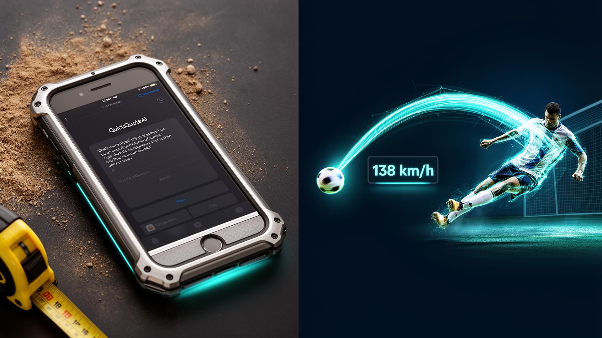 QuickQuoteAi on a rugged iPhone alongside StrikeSpeedAi tracking a penalty kick